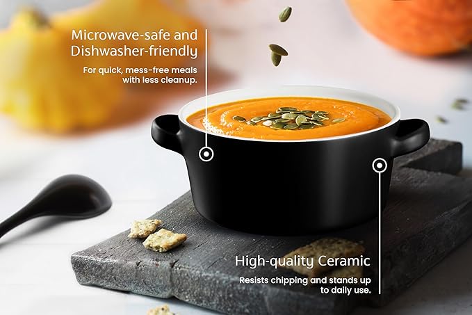 Kook Soup Crocks, Ceramic Stackable Bowls, Broil, Oven, Microwave and Dishwasher Safe, with Handles, For Casserole, Pasta, Cereal, Capacity 18 oz, Set of 4, (Matte Black)