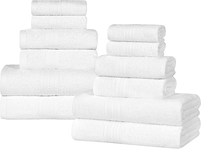Superior Eco-Friendly Cotton 12-Piece Towel Set for Home, Dorm, Apartment Essentials, Absorbent, Fast Drying, Soft, Includes 4 Bath, 4 Hand, 4 Washcloths/Face Towels, Bathroom Basics, White