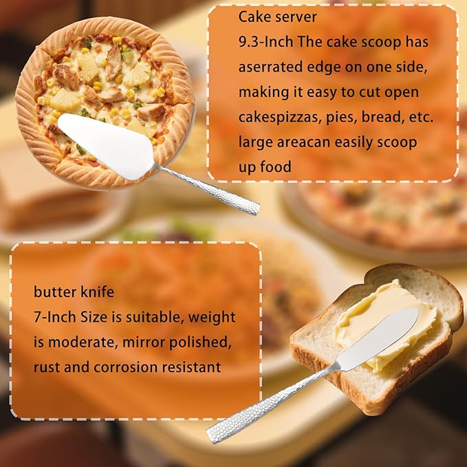 Large Hostess Serving Utensils Set, Stainless Steel Heavy Duty Hammered Serving spoons, Slotted Spoons, Serving Fork, Cake Server, Butter Knife, Dishwasher Safe（Silver）