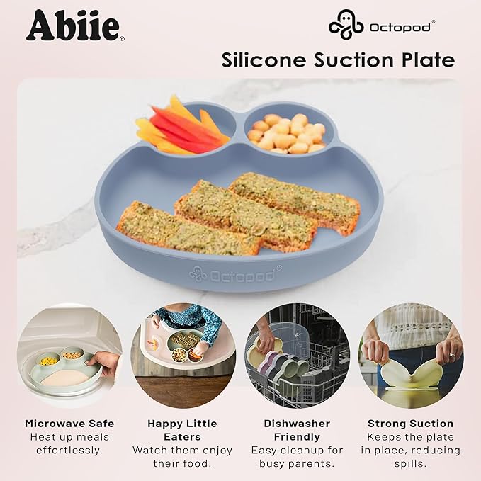 Abiie Octopod Frog Silicone Plates with Suction - Spill Proof, Easy to Clean - BPA-Free Bowl - Suction Plates for Baby and Toddler - Training & Feeding Divided Grip Dish (Pastel Yellow)
