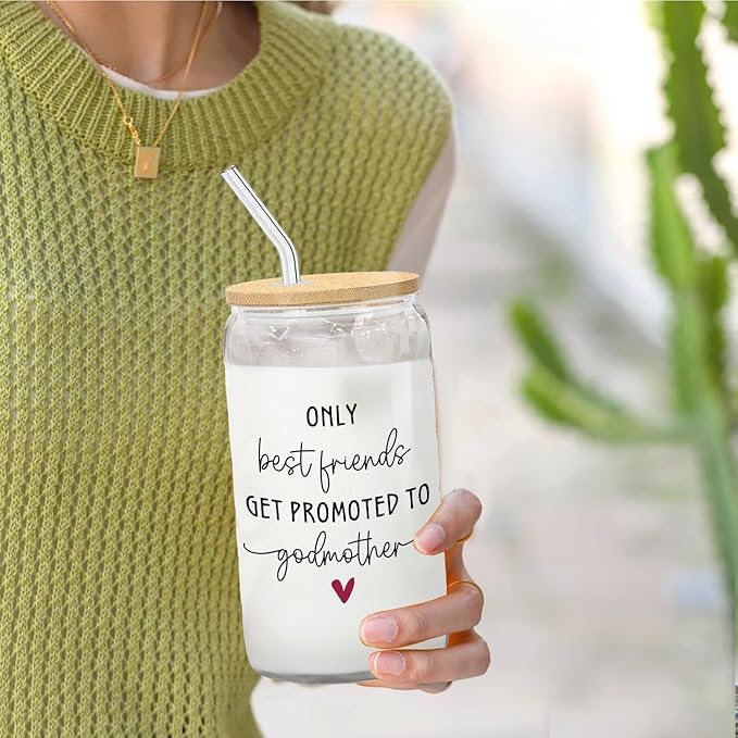 Promoted to Godmother Glass Cup with Lids and Straws 14oz, Godmother Proposal Mother's Day Gifts for Best Friends Glass Iced Coffee Tumbler Drinking Jars with Cleaning Brush