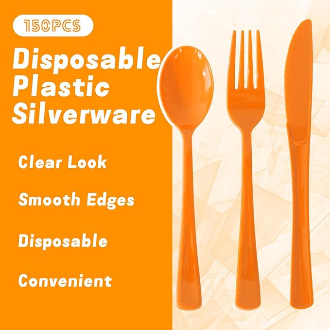 150 Pack Disposable Plastic Silverware, Heavy Duty Orange Plastic Cutlery Set Includes 50 Forks 50 Knives 50 Spoons for Birthday Wedding Party Picnics (150, Orange)