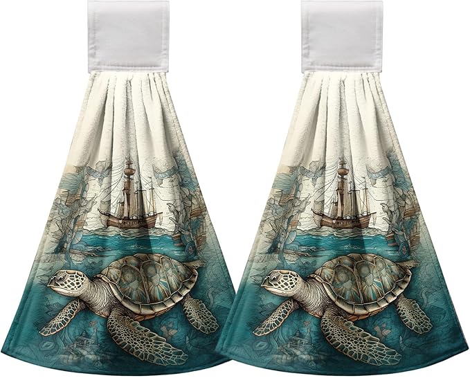 Sea Turtle Hanging Kitchen Towels Set of 2 Summer Ocean Turtle Hand Towel with Loop Coastal Tortoise Sailboats Hanging Dish Towels Absorbent Tie Towel for Bath Kitchen Home