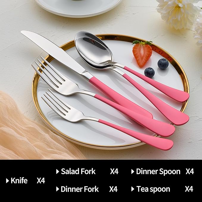 20-Pieces Pink Silverware Sets for 4,Pink Handle Stainless Steel Cutlery Set, Include Forks Spoons and Knives Set, Dishwasher Safe Utensil Sets for Home Restaurant