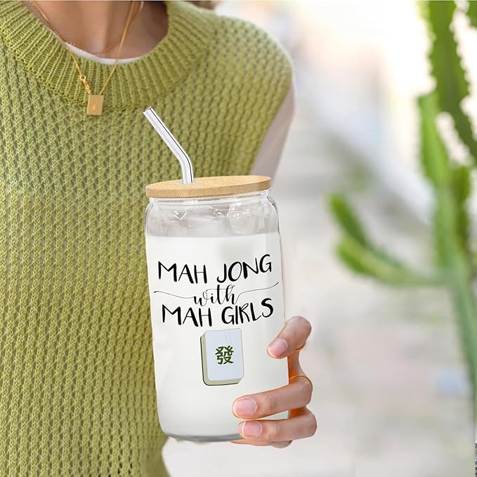 Mahjong Gifts for Women Glass Cup with Lids and Straws 14oz, Gifts for Mahjong Players Lovers Women, Mah Jong with Mah Girls Glass Iced Coffee Tumbler Drinking Jars with Cleaning Brush
