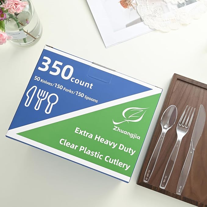 350pc Heavy Duty Plastic Silverware Set: 150 Forks/150 Spoons/50 Knives | Commercial Plastic Forks Spoons Knives BPA-Free & Temp-Resistant | Bulk Disposable for Party Catering Events