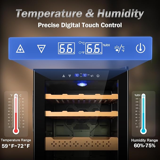 Electric Humidor-70L Cooling & Heating Humidor, Smart Touch Control Humidity & Temp, Humidors wtih Spanish Cedar Wood Tray, Digital Display, Safety Lock, Desktop Gift for Men