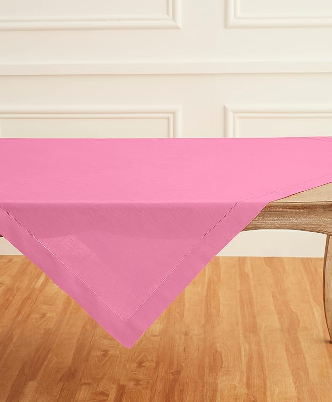 Solino Home Square Linen Tablecloth 52 x 52 Inch - 100% Pure Linen Flamingo Pink Table Throw - Classic Hemstitch, Machine Washable Table Cloth for Valentines
