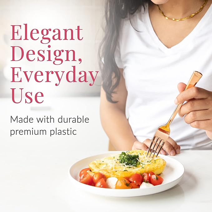 Prestee Set of 100 Rose Gold Plastic Forks Disposable - 7-in Heavy-Duty Fork Flatware - Bulk Pack Fancy Silverware - Sturdy Pink Cutlery for Weddings, Birthday Parties, Buffets, Catering and Events