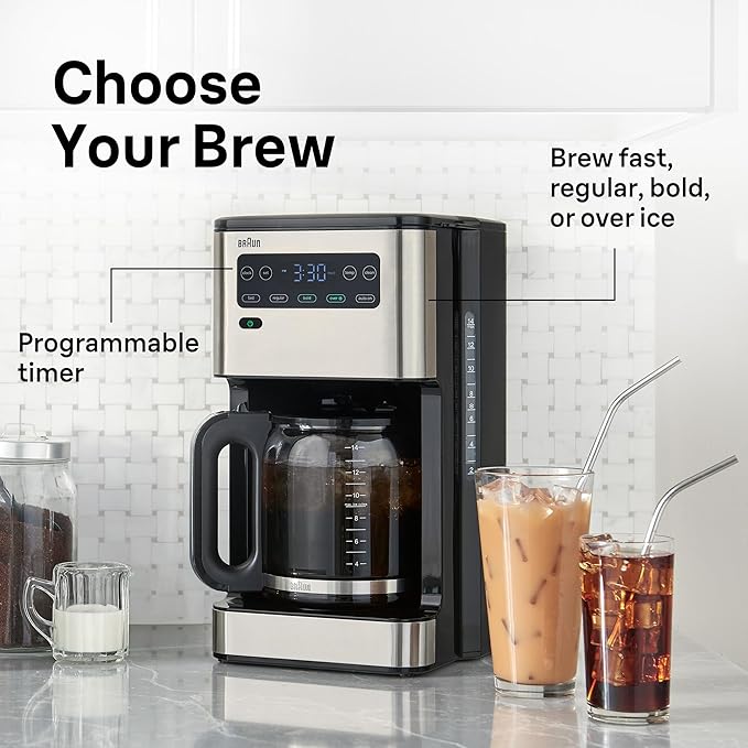 Braun PureFlavor 14‑Cup Programmable Coffee Maker – Fast Brew Speed, Touch Display, Bold & Brew‑Over‑Ice Modes, FlavorCarafe & Adjustable Warm Plate