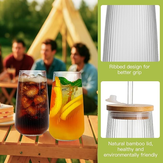 Ruckae Borosilicate Glass Cups with Lids and Straws,16oz Reusable Iced Coffee Cup with Lid Glass Cups 4 Pack for Coffee Bar Accessories,Smoothie,Juice,Durable Clear Tumbler Cups for Home,Office,Travel