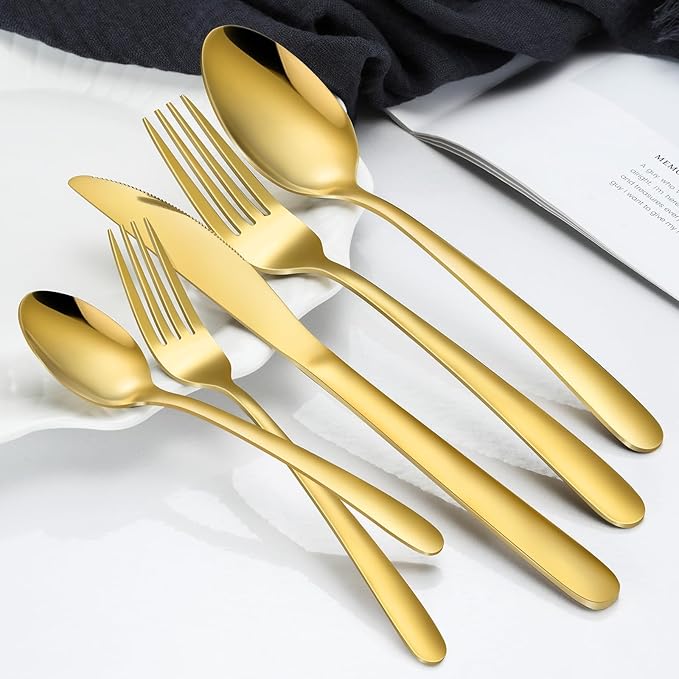 Gold Silverware Set - 40PCS Stainless Steel Silverware Set for 8, Includes Forks Spoons and Knives, Utensil Sets for Home Kitchen Restaurant, Dishwasher Safe