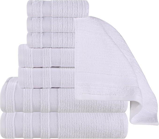 Superior Cotton 8-Piece Towel Set, Zero Twist, Ribbed Geometric, Bathroom Essentials, Shower, Spa, Luxury Plush Soft Absorbent Towels, Includes 2 Bath, 2 Hand, 4 Washcloth/Face Towels, White