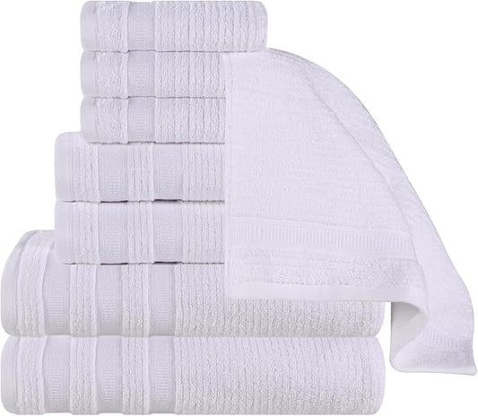 Superior Cotton 8-Piece Towel Set, Zero Twist, Ribbed Geometric, Bathroom Essentials, Shower, Spa, Luxury Plush Soft Absorbent Towels, Includes 2 Bath, 2 Hand, 4 Washcloth/Face Towels, White