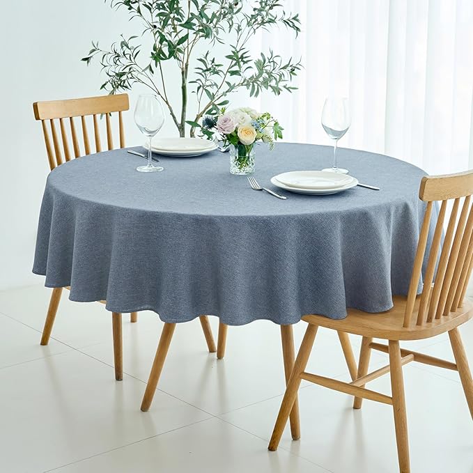 maxmill Round Linen Textured Tablecloth Spill-Proof Stainproof Wrinkle Free Washable Fabric Table Cloth for Circular Table Cover, Dining Room Buffet Banquet Party Holiday Dinner, 70 Inch Demin Blue