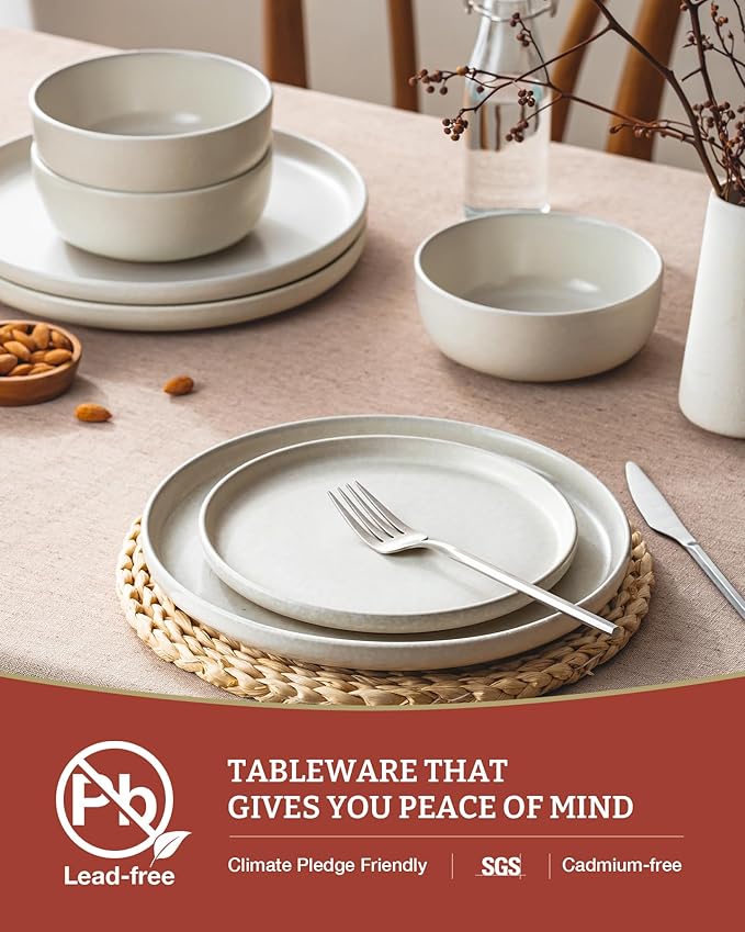 Famiware Milkyway Stoneware Dinnerware Sets with Pasta Bowls, Service for 6 (24 Pieces), Reactive Glaze Plates and Bowls Sets, Microwave and Dishwasher Safe Dishes Set, Matte Beige White