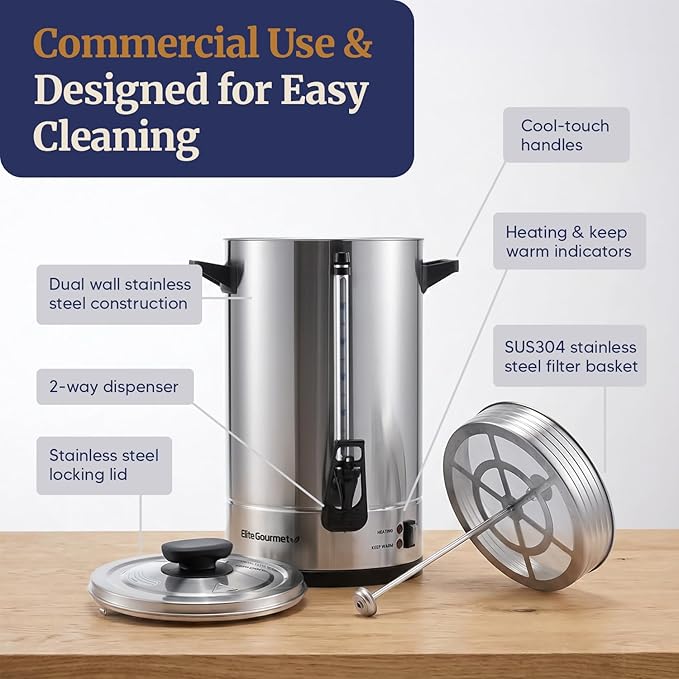 Elite Gourmet 100-Cup Commercial Coffee Urn/Water Boiler, Dual Wall Insulated, Fast Brew 1 Cup/Min, Dual Indicator Lights, Keep Warm, Dripless Faucet, Stainless-Steel