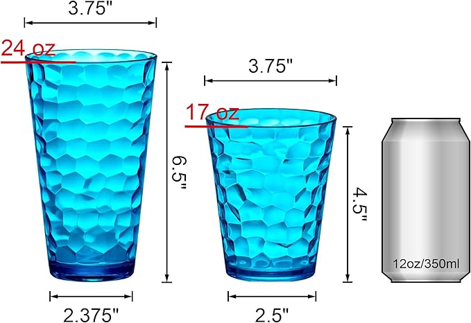 Amazing Abby - Iceberg - 16-Ounce and 24-Ounce Plastic Tumblers (Set of 12), Acrylic Drinking Glasses, Mixed-Color Reusable Plastic Cups, Stackable, BPA-Free, Shatter-Proof, Dishwasher-Safe