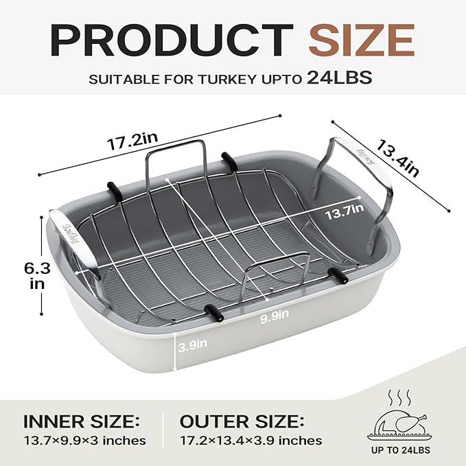 Nonstick Turkey Roasting Pan with Rack, 17 x 13 Inch Turkey Pan, large roaster pan for Meat & Vegetable, White