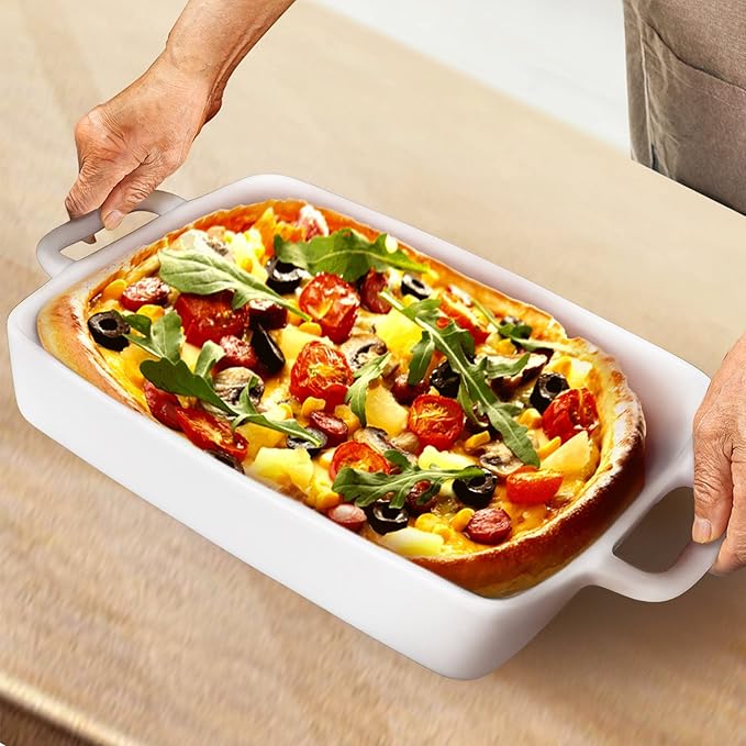 Large Baking Dish 9x13 Oven Dish Baking Lasagna Pan with Handles, White Porcelain Casserole Dish Oven Safe for Cake, Banquet and Daily Use, 4 Quart