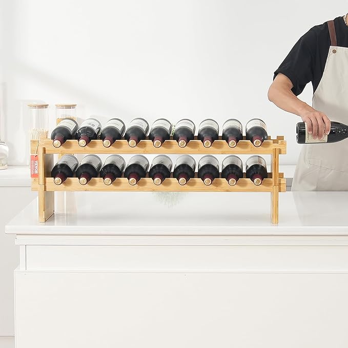 VEVOR 18 Bottle Stackable Modular Wine Rack, 2-Tier Solid Bamboo Wood Storage Racks, Floor Freestanding Wines Holder Display Shelf, Wobble-Free Shelves for Kitchen, Bar, and Cellar (Natural Color)
