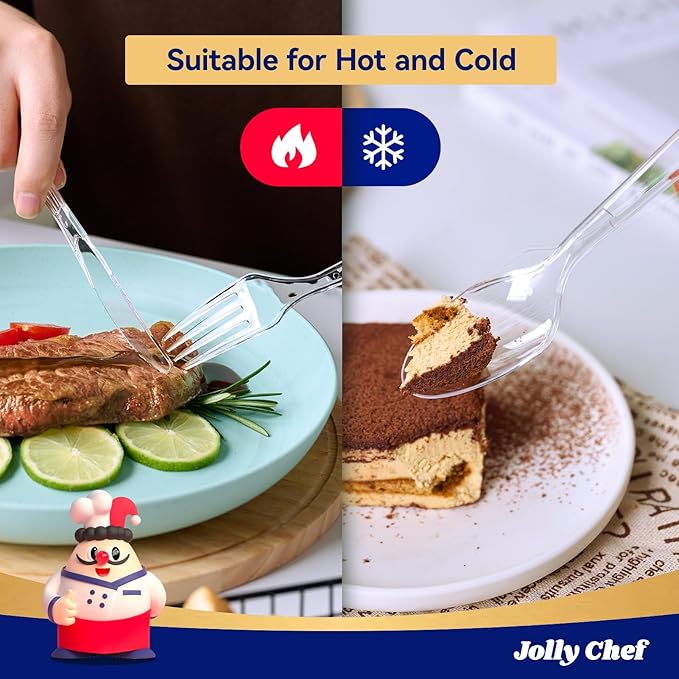 JOLLY CHEF 360 Count Clear Plastic Silverware Heavy Duty-180 Forks, 120 Spoons, 60 Knives, Heat Resistant Plastic Cutlery, Disposable Utensils Set for Parties, Events, Everyday Use