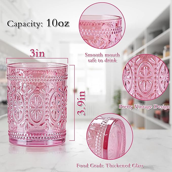 6 Pack Pink Vintage Glassware Set, 10oz Romantic Drinking Glasses, Colored Water Glasses, Pink Embossed Glass Cups for Juice, Cocktails, Beer, Iced Tea, Soda