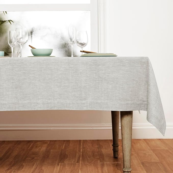 Solino Home Linen Tablecloth 60 x 90 Inch - 100% Pure Linen Oyster Grey Table Cloth for Rectangle Tables - Athena, Machine Washable Tablecloth for Holiday