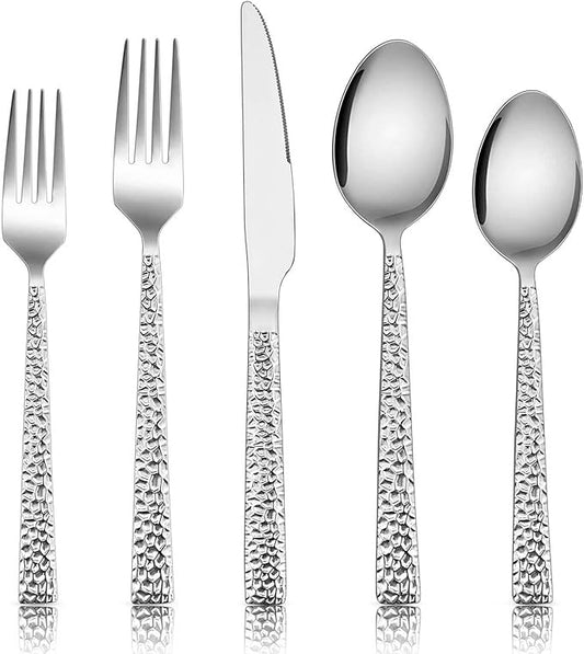 E-far 50-Piece Hammered Silverware Set, Stainless Steel Square Flatware Set Service for 10, Tableware Cutlery Set Includes Forks Spoons Knives, Modern Design & Mirror Polished - Dishwasher Safe