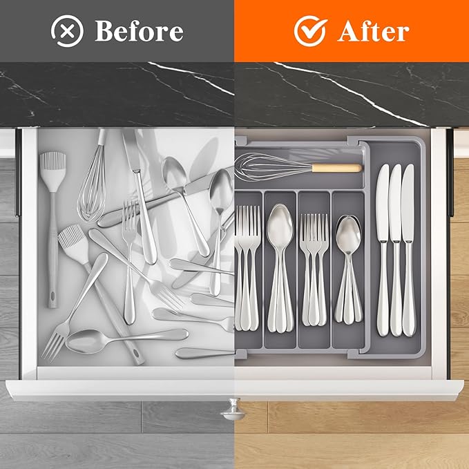 Lifewit Silverware Drawer Organizer, Expandable Utensil Tray for Kitchen, BPA Free Flatware and Cutlery Holder, Adjustable Plastic Storage for Spoons Forks Knives, 8.5"-14.1" x 12.1", Gray