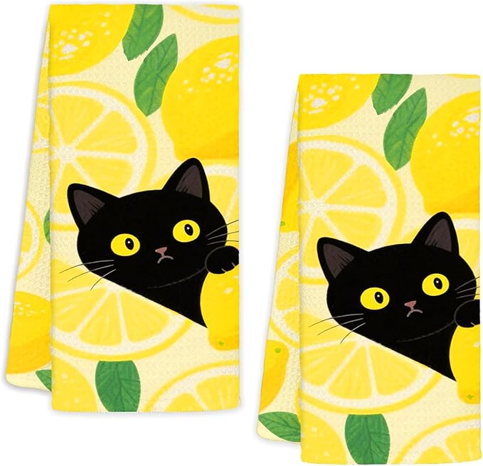 Yellow Lemon Black Cat Gifts Kitchen Dish Towels Set of 2, Farmhouse Summer Fruit Decorative Hand Towels for Bathroom, Cat Lovers Mom Gifts Dish Tea Towel for Kitchen Bathroom, 16x24 Inch