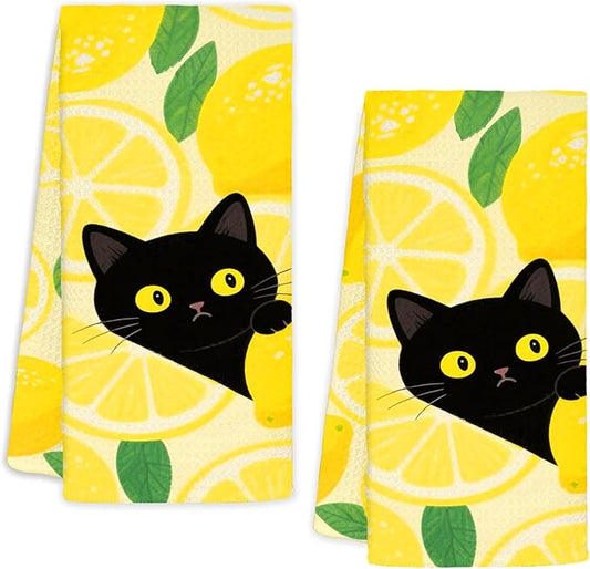 Yellow Lemon Black Cat Gifts Kitchen Dish Towels Set of 2, Farmhouse Summer Fruit Decorative Hand Towels for Bathroom, Cat Lovers Mom Gifts Dish Tea Towel for Kitchen Bathroom, 16x24 Inch
