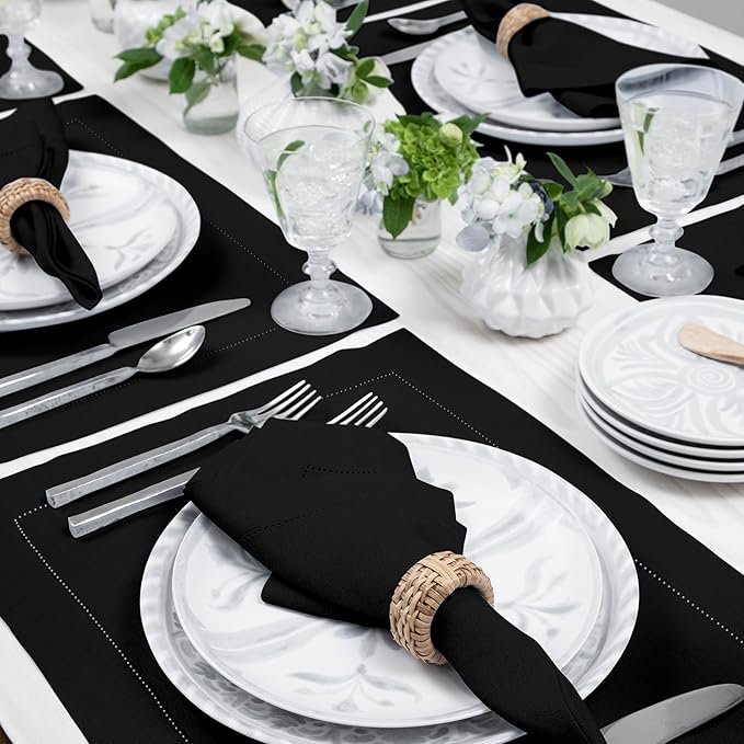Solino Home Linen Placemats Set of 4 - Classic Hemstitch Black Placemats 14 x 19 Inch - 100% Pure Linen Table Mats for Winter, Holiday, New Year