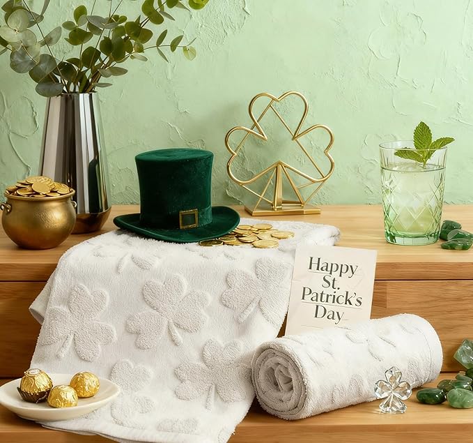 Artoid Mode 2 Pcs Beige 3D Shamrock Jacquard Patrick Hand Towels for Bathroom, 100% Cotton Soft Absorbent Bathroom Decor Towels, 13.7 x 29.5 Inch