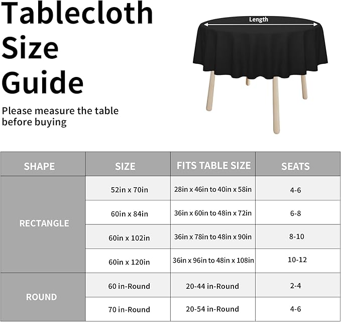 Easy-Going Faux Linen Waterproof Spill-Proof Tablecloth Stain Resistant Round Table Cloth Wrinkle Free Decorative Fabric for Kitchen, Dining, Party, Weddings, Restaurants (70 in-Round, Black)