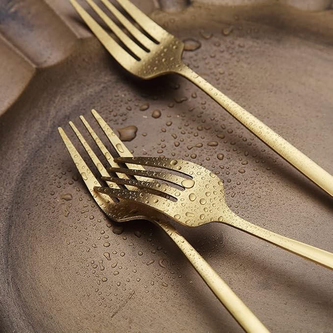 Matt Gold 6 Piece Dinner Fork Set, 8.4'' Stainless Steel Silverware, Dishwasher Safe