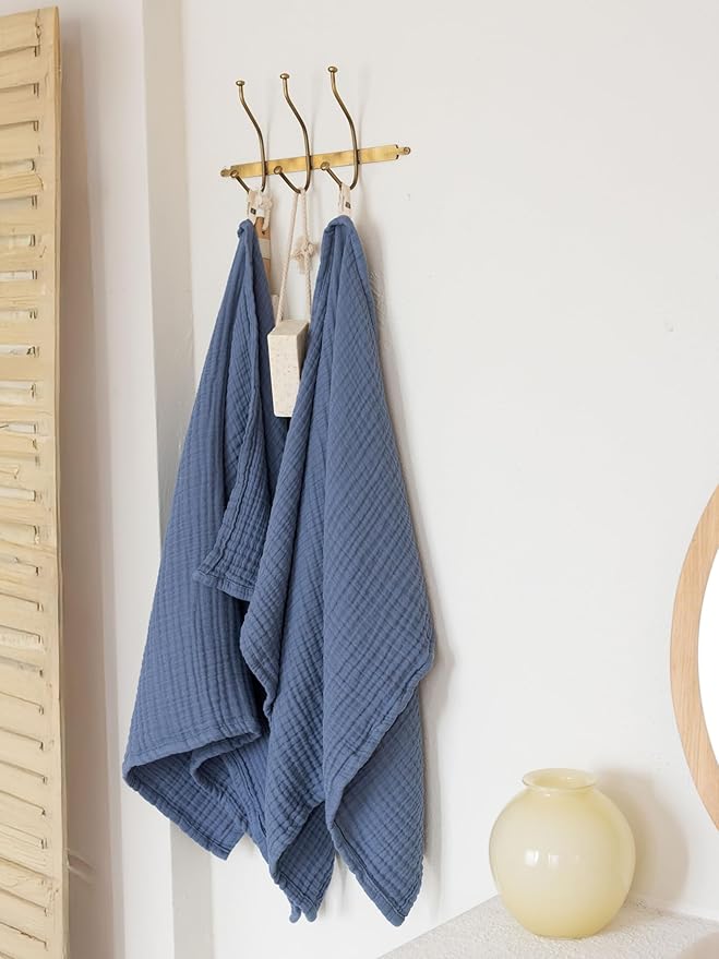 4 Pieces Muslin Towel Set for Bathroom, Luxury 100% Turkish Cotton Thin Soft Quick-Dry Lint-Free Large Size Bath Hand Towel Sets (Indigo Blue, 2 Bath & 2 Hand Towel Set)