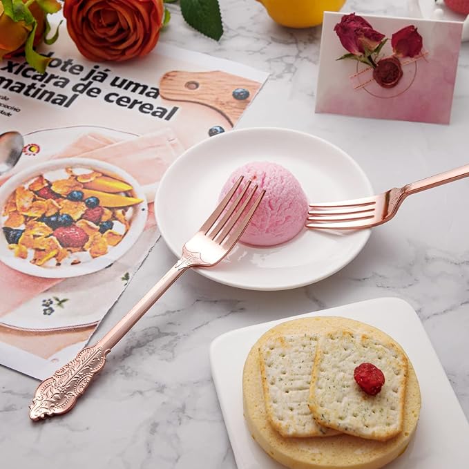 Ciaell 200PCS Rose gold Plastic Forks - Heavy Duty Plastic Forks - 7.48 Inch Heavyweight Rose gold Forks - Disposable rose gold Dessert Forks Perfect for Parties & Weddings & Restaurants