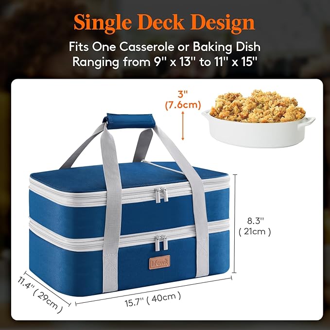 Lifewit Double Decker Insulated Casserole Carrier for Hot or Cold Food, Casserole Dish with Lid and Carrying Case, Lasagna Holder for Potluck Parties/Picnic, Fits 9"x13" Baking Dish, Pure Blue