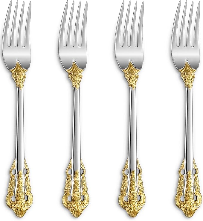 KEAWELL Luxury Salad Forks Dessert Forks Set, Set of 4, 18/10 Stainless Steel, 7 Inches, Dishwasher Safe, Mirror Polished, Silverware Fork Set (Gold Accent)