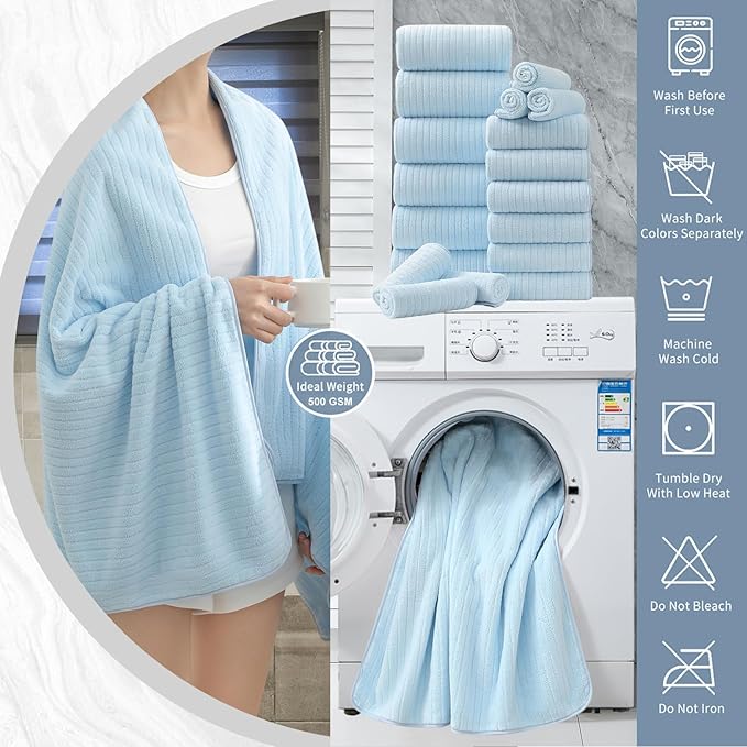 18 Piece Bath Towels Set,Super Soft Family Bathroom Towel Set with Hanging Loops-6 Bath Towels,6 Hand Towels,6 Washcloths,Highly Absorbent Quick Dry Shower Towel for Bathroom,Hotel,Spa-Blue Towel Set