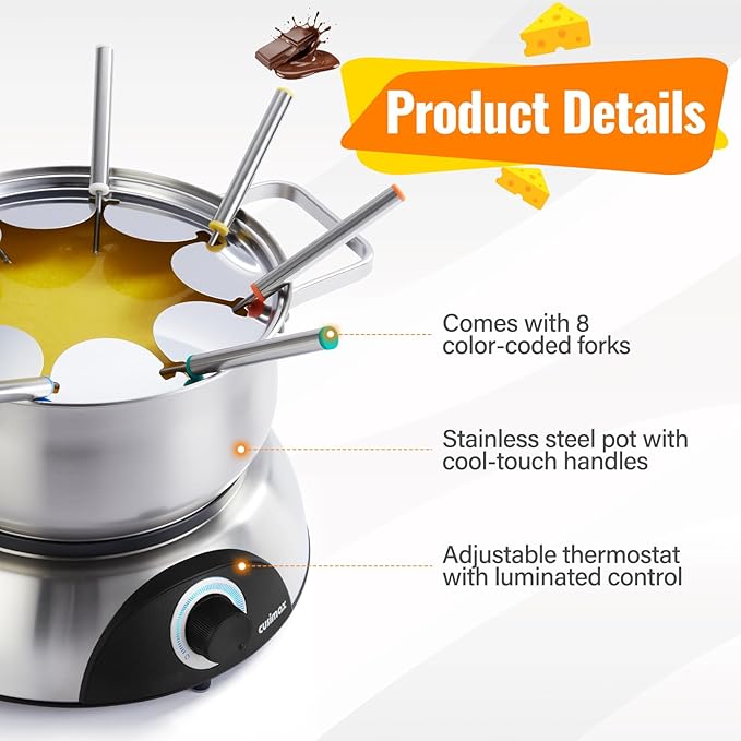 CUSIMAX 1500W Electric Fondue Pot Set, Fondue Pot for Chocolate, Cheese, Broth, Oil, Luminated Control Dial, Fondue Set with 8 Colour Coded Stainless Steel Forks, 1.4-Quart - Stainless Steel