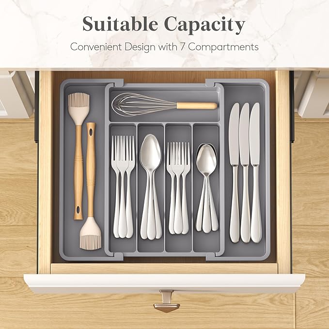 Lifewit Silverware Drawer Organizer, Expandable Utensil Tray for Kitchen, BPA Free Flatware and Cutlery Holder, Adjustable Plastic Storage for Spoons Forks Knives, 8.5"-14.1" x 12.1", Gray