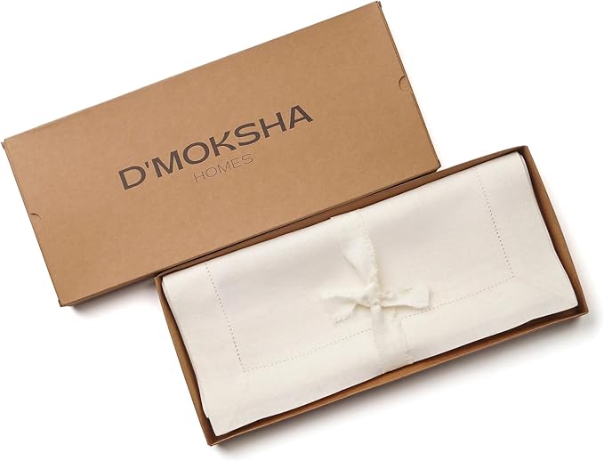 D'Moksha Homes Linen Ivory Table Runner 60 Inches - Classic Hemstitch, 100% Pure Linen Coffee Table Runner 14 x 60 Inch Ideal for Dresser Tables - Winter, Holiday, New Year
