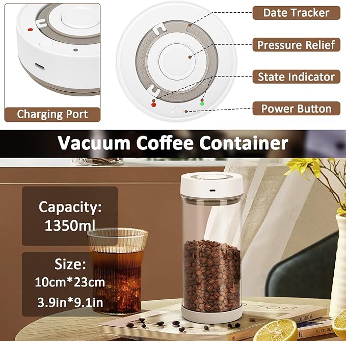 Automatic Vacuum Coffee Canister, 1.35L Airtight Coffee Canister for 18oz Coffee Beans, One-Button Operation & Date Tracker, Coffee & Food Storage Container, Coffee Bar Accessories, Gifts