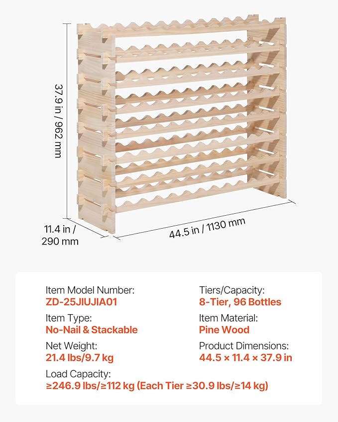 VEVOR 96 Bottle Stackable Modular Wine Rack, 8-Tier Wine Bottle Holder,Solid Wood Floor Freestanding Wine Storage Rack for Pinot Noir Bottles,for Kitchen, Cellar, and Bar, Natural