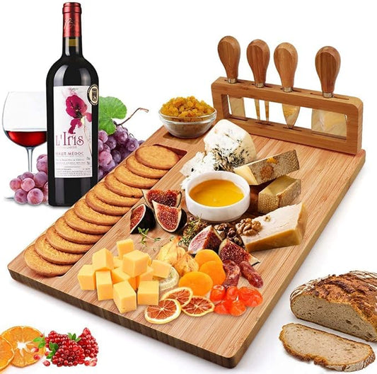 Bamboo Cheese Board Meat Charcuterie Platter Serving Tray W/ 4 Tableware Stainless Steel Knife, Home Kitchen Food Server Plate Cutter Cutlery Tool, Entertain Family Friend Guest as a Gift (14''x11'')