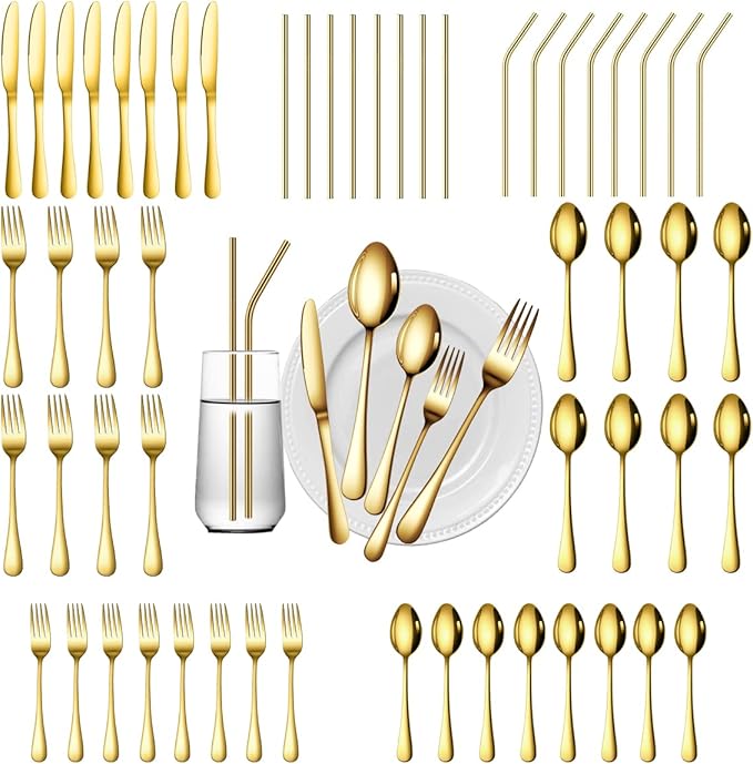 56 Pieces Gold Silverware Service for 8 Flatware Set with Straws Stainless Steel Utensils Cutlery Set Dishwasher Safe Flatware (Gold, 56)