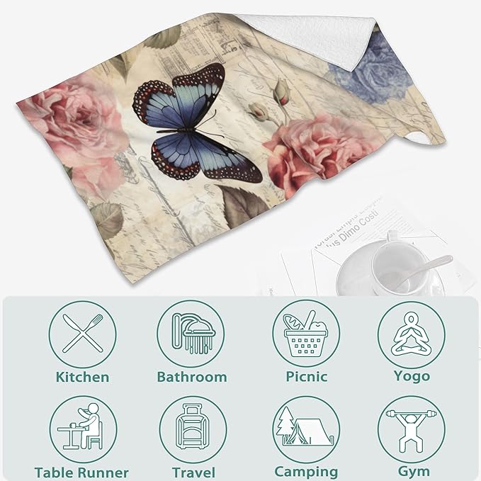 2 Pack Hand Towels for Bath, Rose Flower with Butterfly Decorative Kitchen Towels Highly Absorbent Soft Towels for Bathroom Beach Spa Gym Face Towel 14x28 Inch