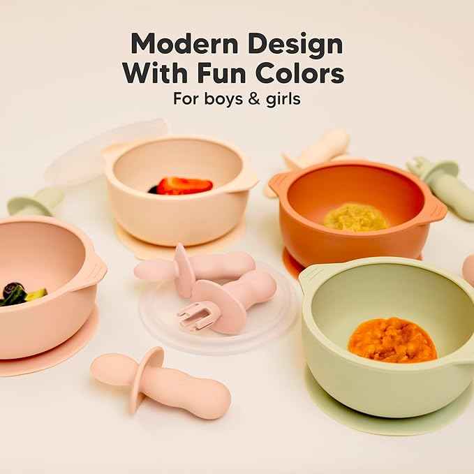 KeaBabies 4-Pack Silicone Baby Spoons and Forks Set - Baby Led Weaning Utensils 6-12 Months, Self Feeding Toddler Spoon & Fork for Training, Teething, Easy to Hold, BPA-Free Silicone (Mellow)